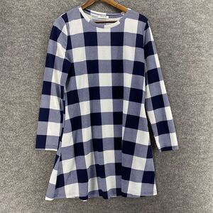 Blooming Jelly Dress Women L large Blue Plaid Shift Short Crew Neck Long Sleeve
